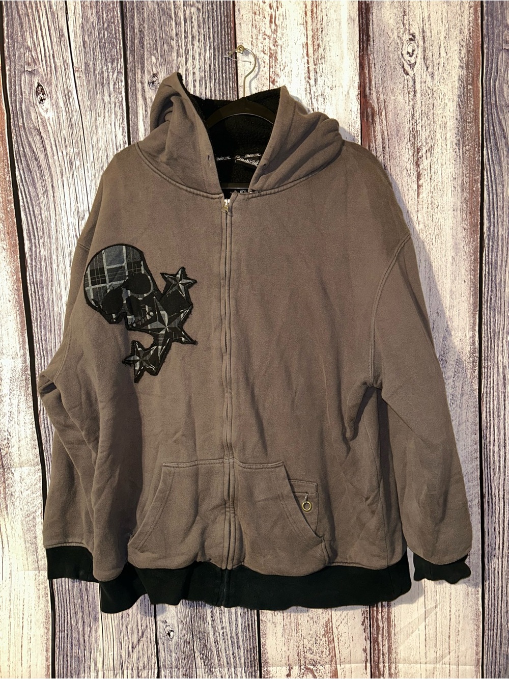 Vintage Hybrid Tees Skull Hoodie  Full Zip Y2K Skater Gray Fleece Lined Thick XL